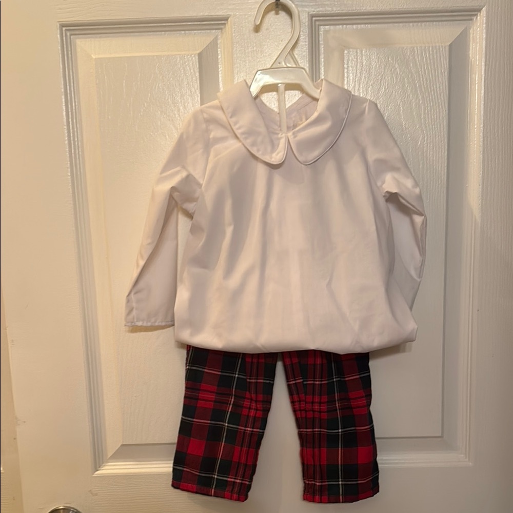 White Blouse and Red Plaid Pants Set
